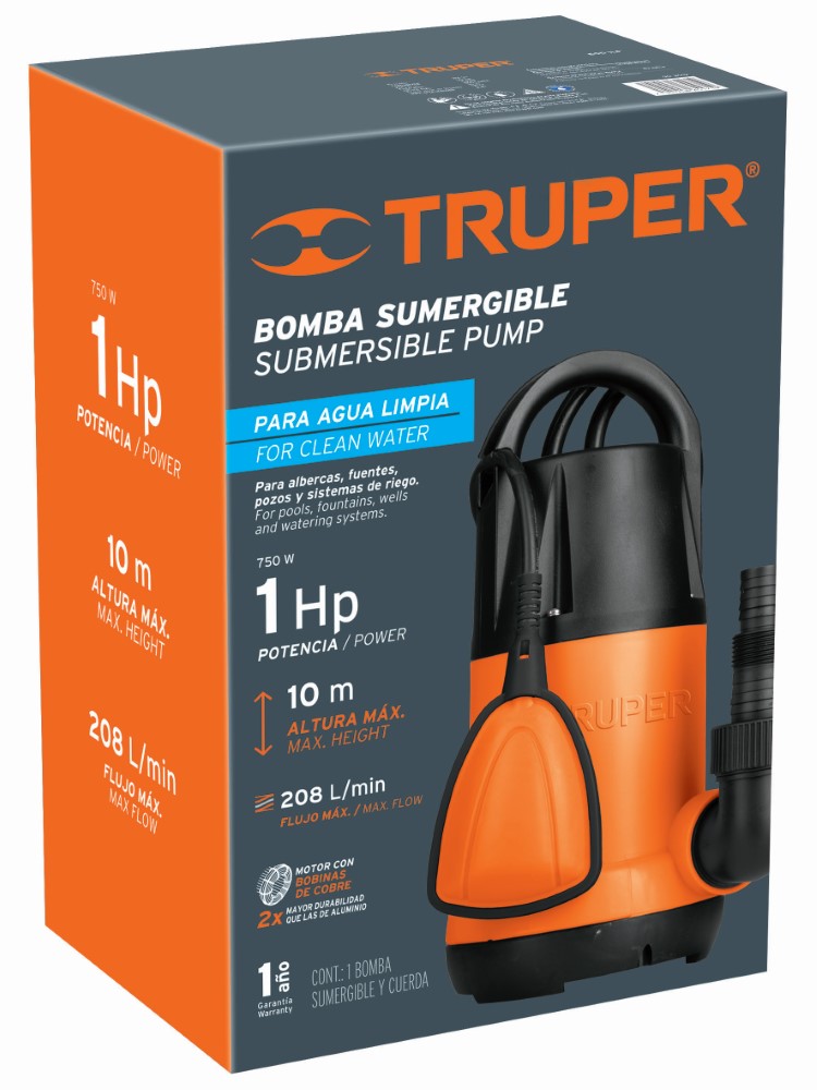BOMBA SUMERGIBLE 1HP AGUA LIMPIA