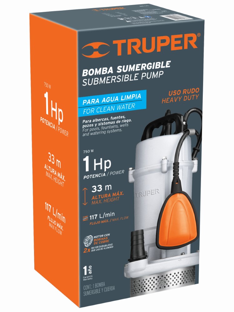 BOMBA SUMERGIBLE 1HP AGUA LIMPIA METAL