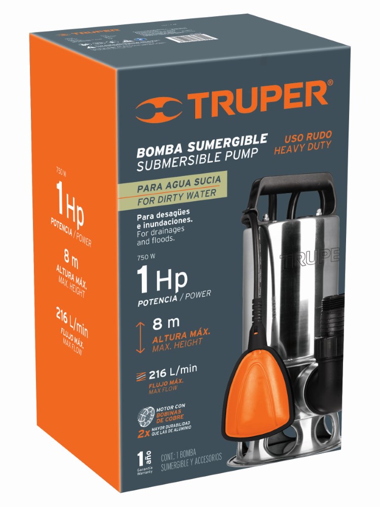 BOMBA SUMERGIBLE 1HP AGUA SUCIA INOX