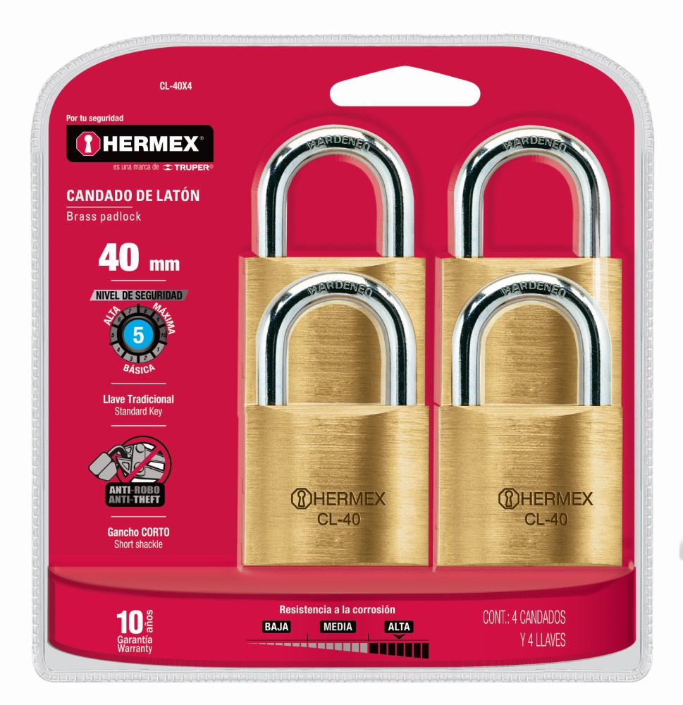 CANDADOS LATON 40MM BLISTER CON 4 PZAS