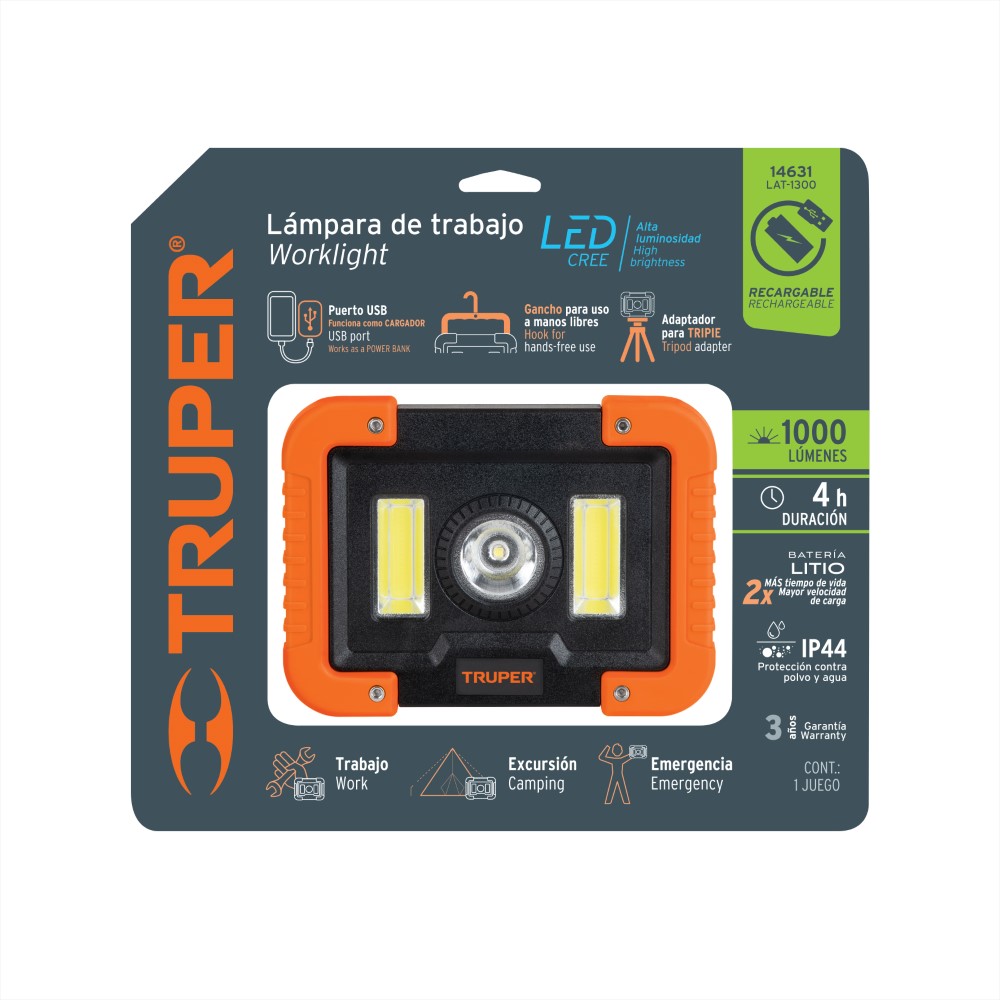 LAMPARA DE TALLER RECARGABLE DE LED 1300