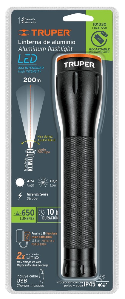 LINTERNA LED RECARGABLE ALUMINIO 650LUM
